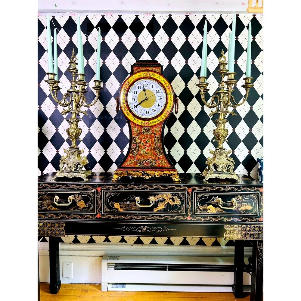 Oversized 2ft Tall Italian Florentine Style Mantel Clock Hand Painted